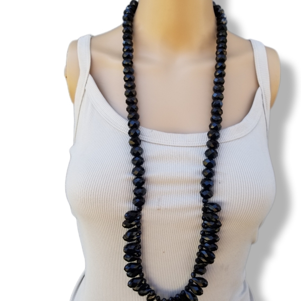 VINTAGE LONG ARTISAN MADE BLACK JET BEADED NECKLACE